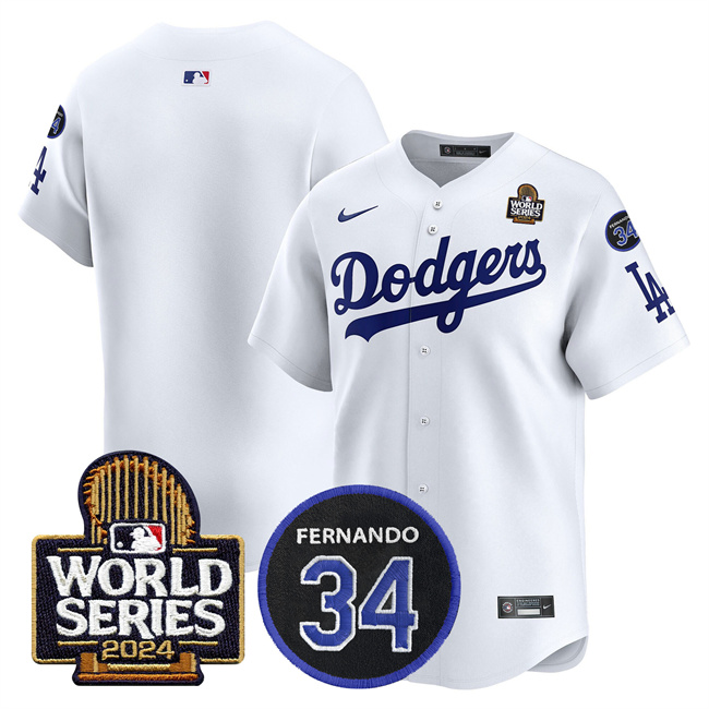 Los Angeles Dodgers Blank White 2024 World Series With Fernando Memorial Patch Limited Stitched Jersey - Click Image to Close